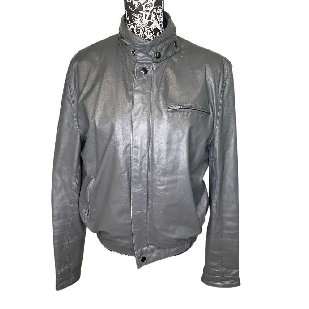 Bermans Vintage Gray Leather Bomber Jacket Removable Liner Motorcycle Coat